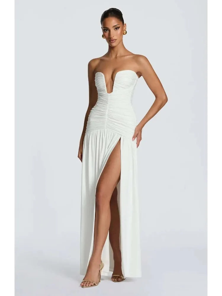 2026 Deep V Neck Pleated Strapless Dress Women Elegant Off Shoulder Backless Split Maxi Evening Party Vestidos