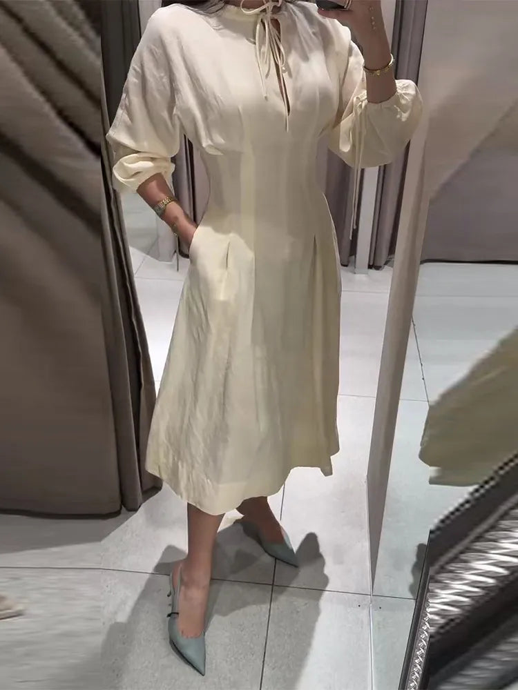 Casual Cotton Midi Dress Women O Neck Lace Up Lantern Sleeves Slim Waist A Line Robe Female 2026 Summer New Chic Solid Dresses