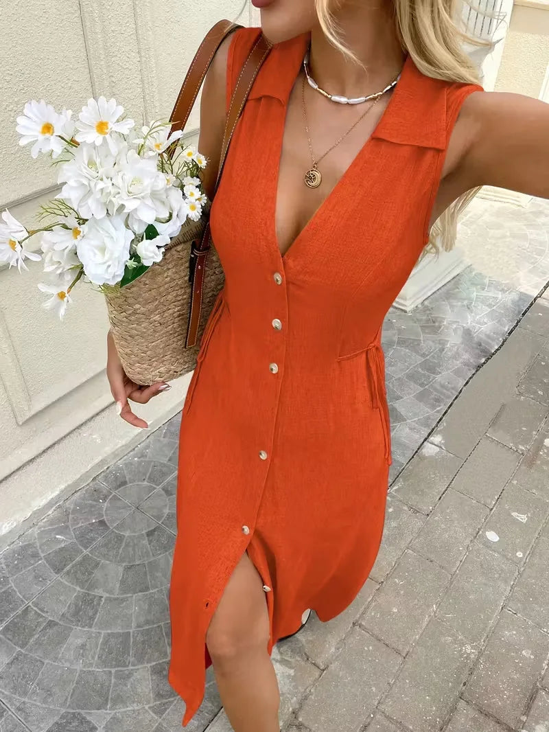 BohemianStyle Dress Sleeveless V-Neck ButtonFront Dresses Elegant Classic Solid Dresses Resort SeasideStyle Vacation Dresses