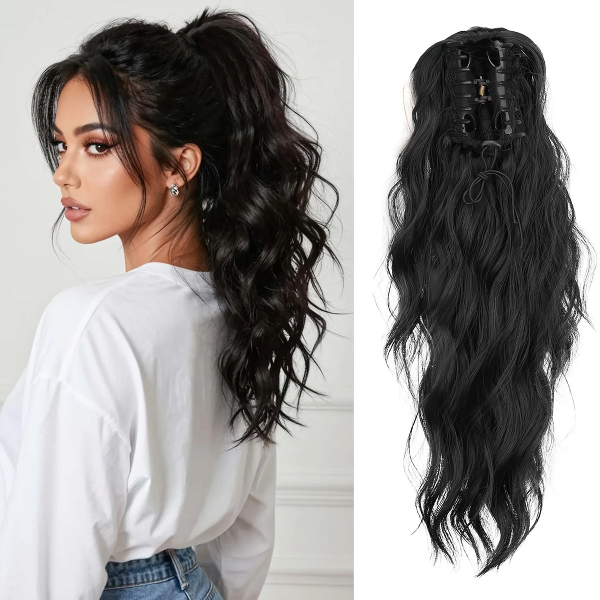Black White Ombre Claw Clip Ponytail Hair Extensions Wavy Synthetic High Ponytail Hairpiece For Women