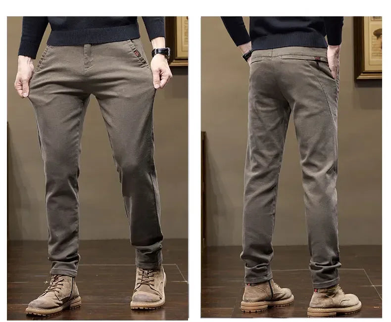 Korean Fashion Fleece Men's Casual Pants Slim Straight Youth Warm Trousers Thickened Thermal Stretch Male Clothes Trendy Brand