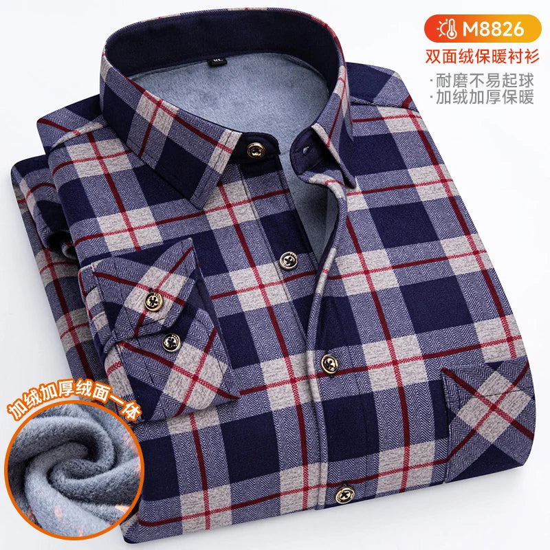 Winter Warm Shirts For Men Regular Fit Thicker Velvet Top Blouse Asia Plus Size Big Plaid Casual Clothing Long Sleeves Shirts