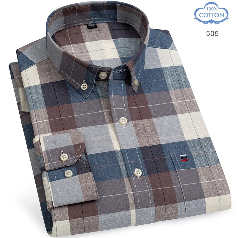 2025 Men's Social Shirt Pure Cotton Oxford Luxury Brand Thin Soft Buttoned Plaid Formal Work Western Clothing