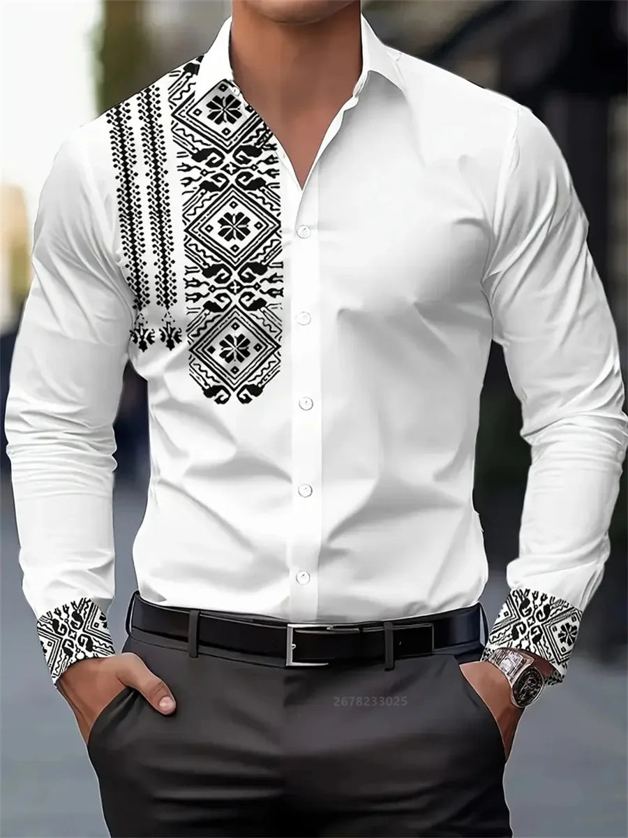 Men's shirt 3D printing retro ethnic style long-sleeved casual shirt high quality fashion lapel versatile top xs-6XL size
