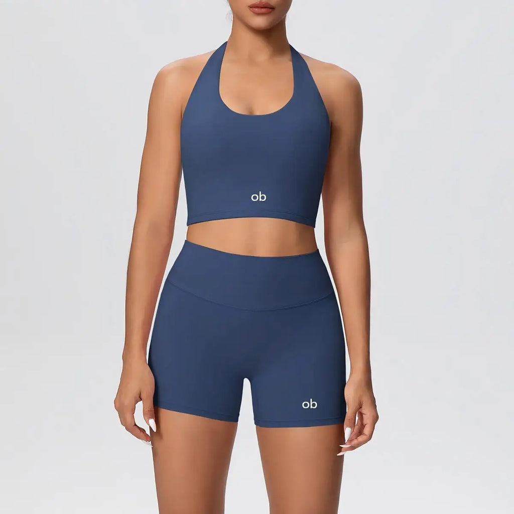 New solid-color double-sided brushed tight-fitting neckless short pants yoga set for exercise, running and fitness two-piece set