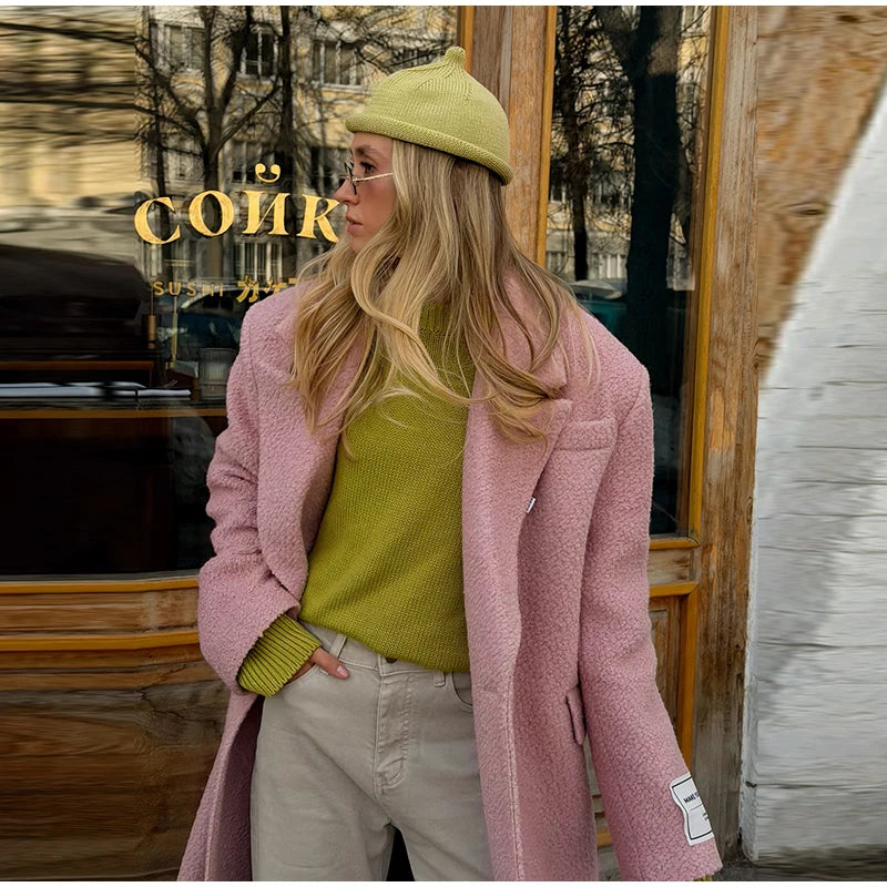 Women Olive Green Oversized Coat Notched Lapel Double Breasted Straight Outerwear Vintage Fall Winter Daily 2026 Office Outfit