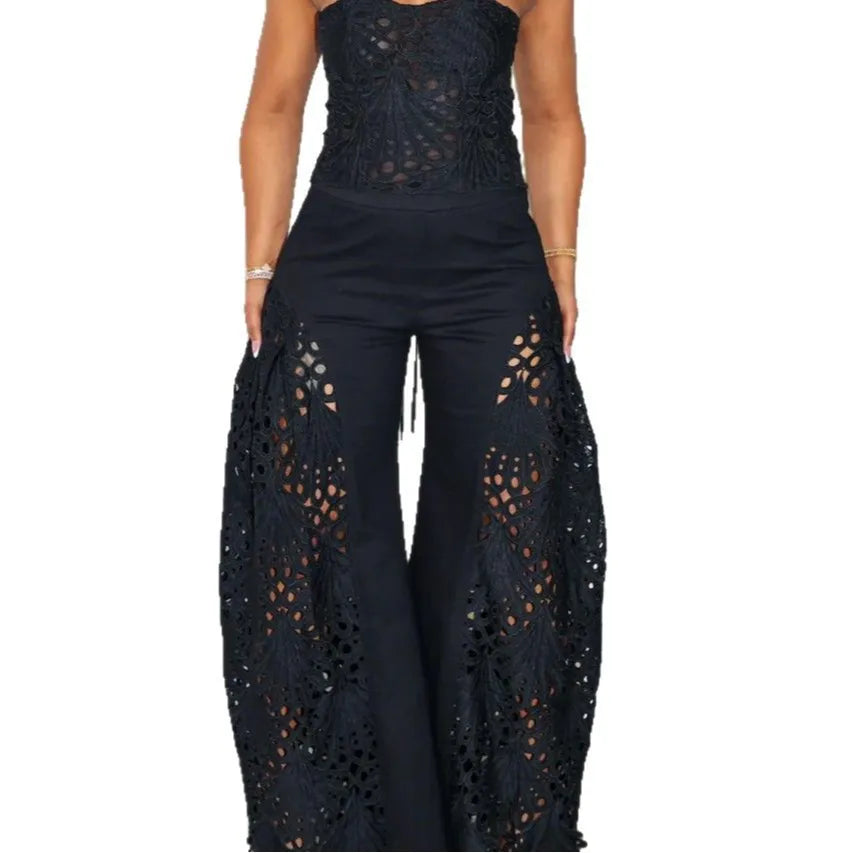 Women's Solid Color Pants Sets Hollow Out Lace Tube Top Cropped Top High Waist Trousers Two Piece Set Sexy Hot Girl Streetwear