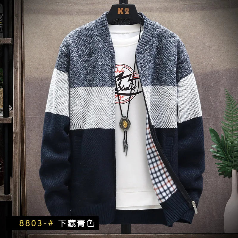 Men's Knitted Sweater Cardigan Thickened Fleece Hooded Casual Style Warm Outerwear Autumn Winter New Arrival Korean Version