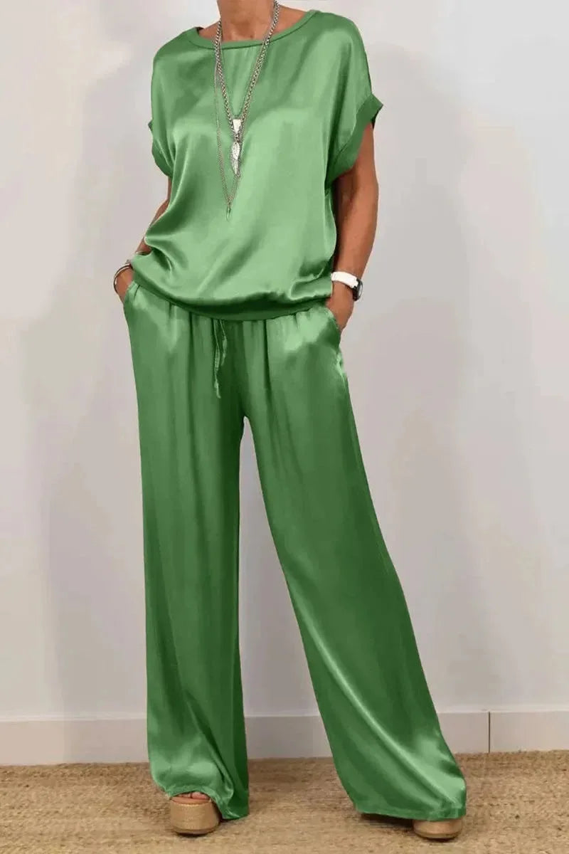 Spring Summer Fashion Solid Smooth Satin Two Piece Sets New Women's O-neck Short Sleeve Top + Wide Leg Pant Casual Loose Set
