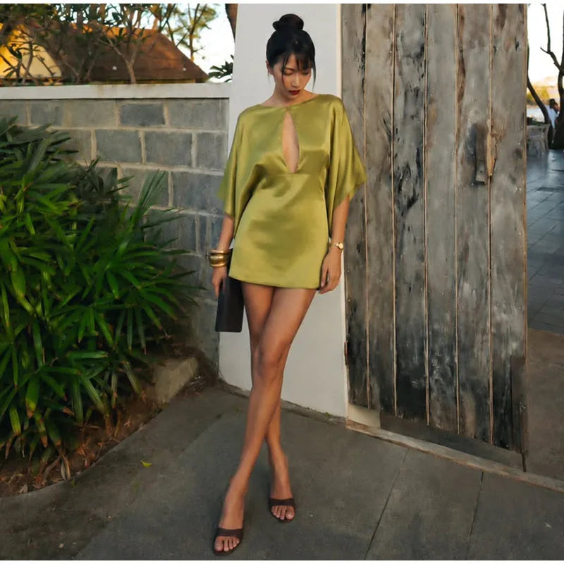 Backless Women Dress Satin Spaghetti Strap Maxi Dresses Back Tail Cowl Drape Front Neck Side Split Hem Elegant Evening Bodycon