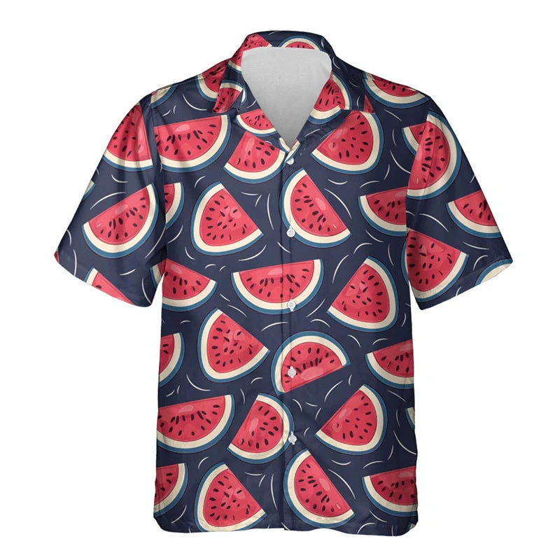 Tropical Fruit Watermelon Graphic Hawaii Shirt Summer Street Short Sleeves 3D Printed Fruits Button Shirts Men Lapel Blouse Tops