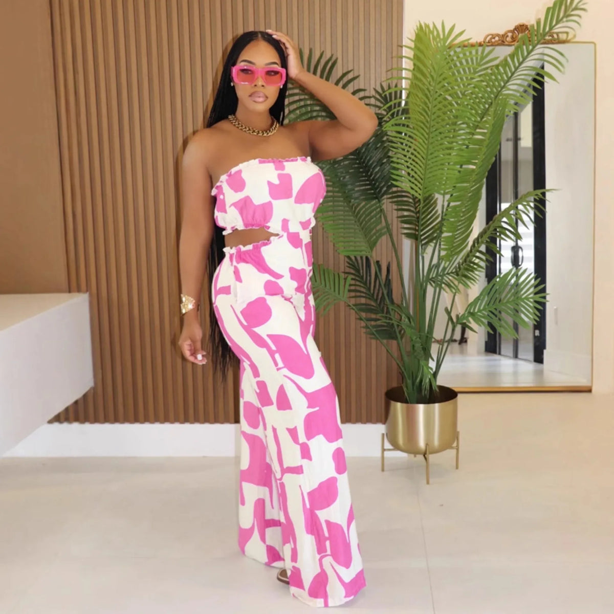 2025 Elegant Sleeveless Hollow Out Casual Style Women Tube Top with Wide-leg Jumpsuit Long Pants
