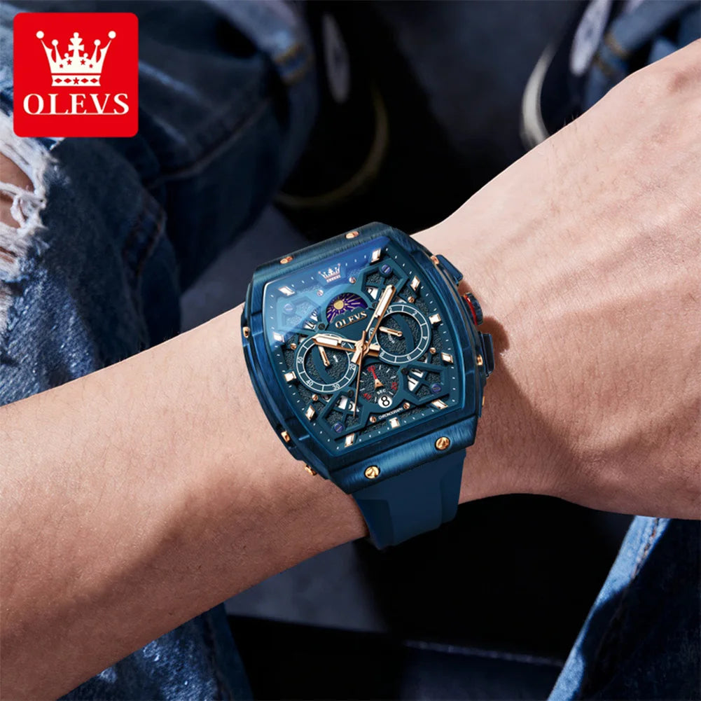 OLEVS 2942 Men Watch Automatic Calendar Waterproof Luminous Moonphase Watch Top Brand Tonneau Large Dial Hollow Men Quartz Watch