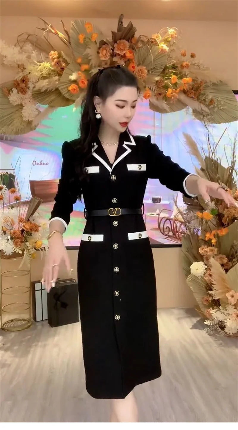 Women Fashionable New Button Decoration Small Fragrant Autumn Long Sleeve Dress Light Luxury High Waist Thin Mid length Dress