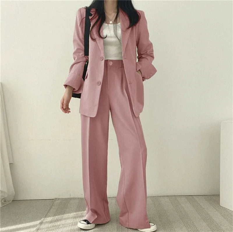 2026 Female Solid Color Blazer 2PCS Autumn Women Lapel Tops High Waist Outfit Korean Ladies Long Sleeves Suit Wide Leg Pants