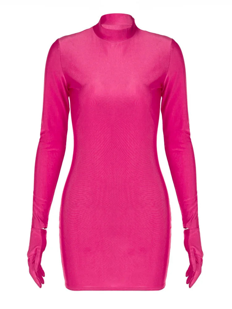 Solid Long Sleeve Mini Dress with Gloves Sexy Streetwear Party Outfit Half Turtleneck Bodycon Y2K Style Wholesale