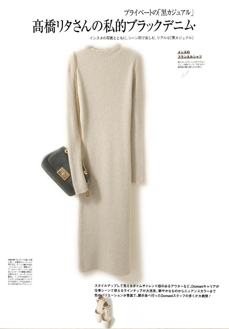 Autumn and winter semi high neck drawstring high elasticity slim fit 100% wool pullover dress, mid length over knee cashmere