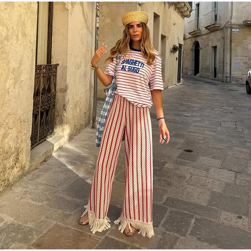 Halter Vertical Striped Fringe Two Piece Set Sleeveless Tank Top Loose Wide Leg Pants Women 2026 Summer Holiday Beach Chic Suit