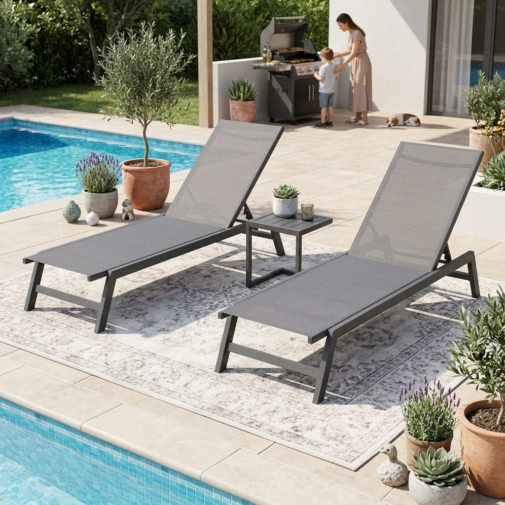3PCS Aluminum Teslin Sun Lounger Set With Side Table Adjustable Backrest Outdoor Chaise Lounge Pool Garden Beach Hotel Sunbed