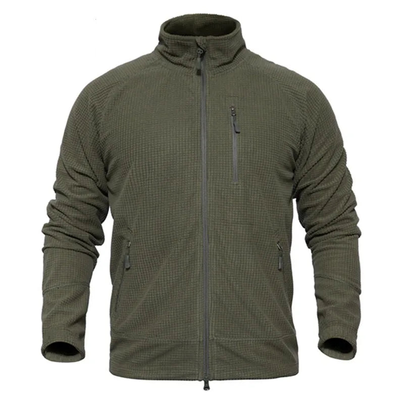 Men's Tactical Grid Fleece Jacket Full Zip Stand Collar Warm Windproof Outdoor Hiking Fishing Fleece Coat Base Layer