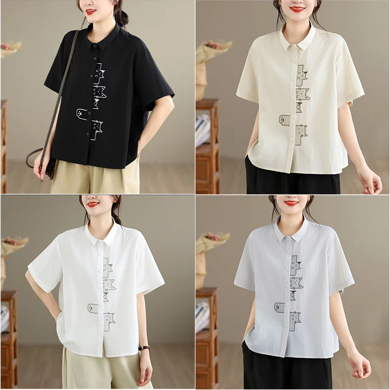 White Oversized Casual Short Sleeve Embroidered Shirt Loose Fit Versatile Slimming Style Women's Cotton Shirt Summer 2026