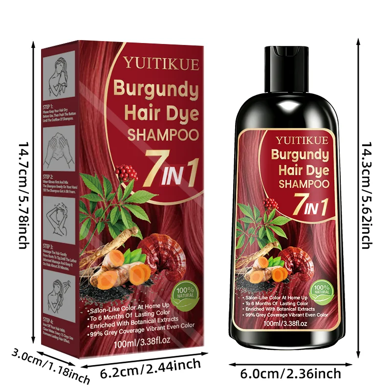 Burgundy Hair Dye Shampoo 7 In 1 Natural Plant Extract Cover Gray Hair Long Lasting Vibrant At Home Hair Color Care Shampoo