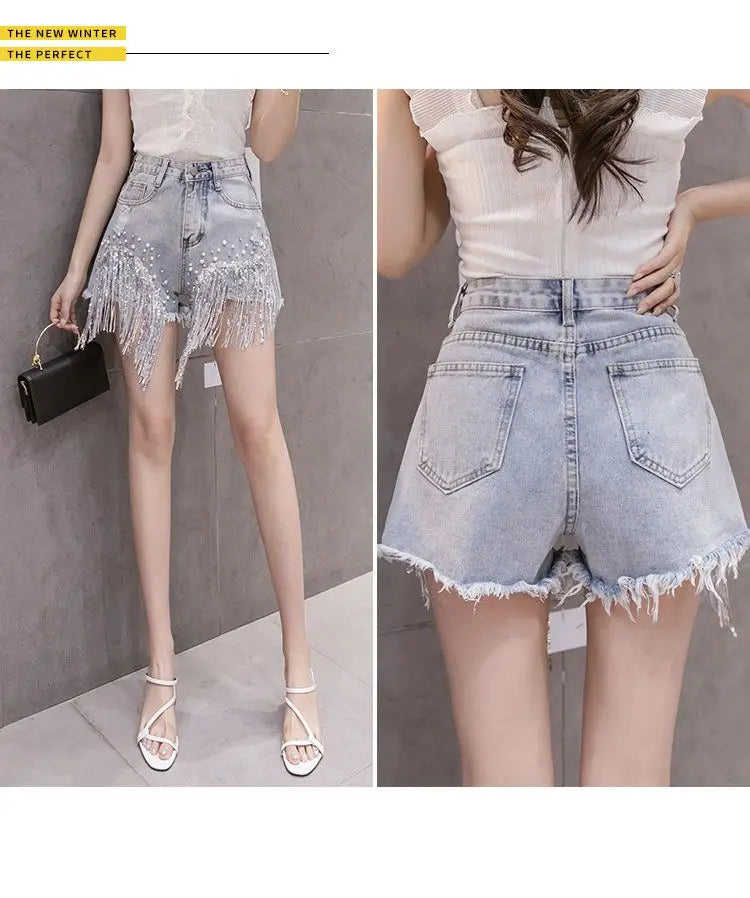 2026 Summer New Personalized Denim Shorts Women's High Waist Diamond Inlaid Heavy Industry sequins Tassel Denim Hot Pants Trendy