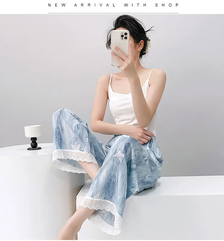 Women Viscose Casual Trousers With Lace Loose Pajamas Home Pants Thin Wide Leg Pants Fashion Oversized Sleep Bottom Korean Pants