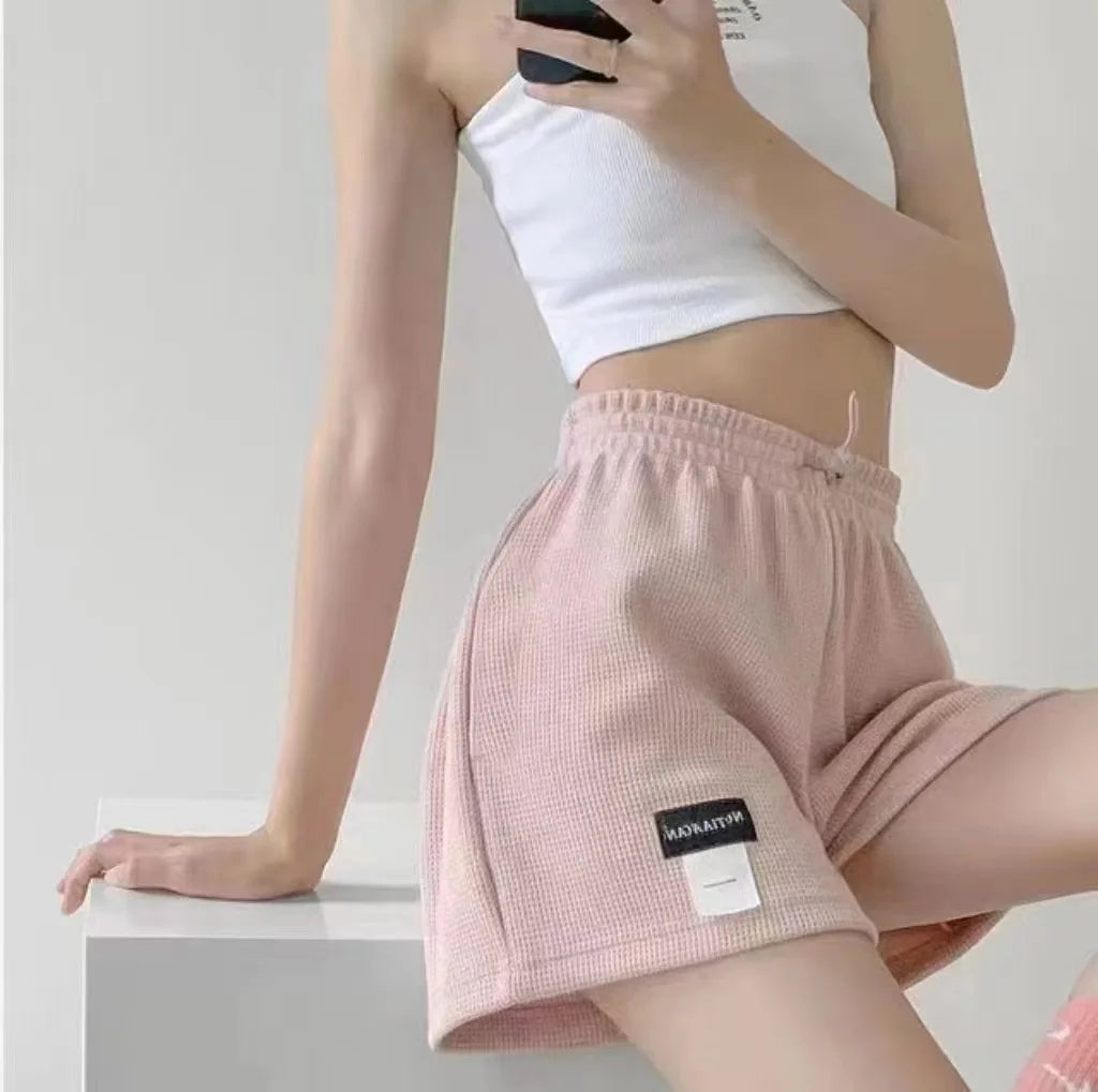 New Summer Waffle Shorts for Women, High Waist Plus Size Loose Casual Pants, Internet Famous Sports Fitness Shorts