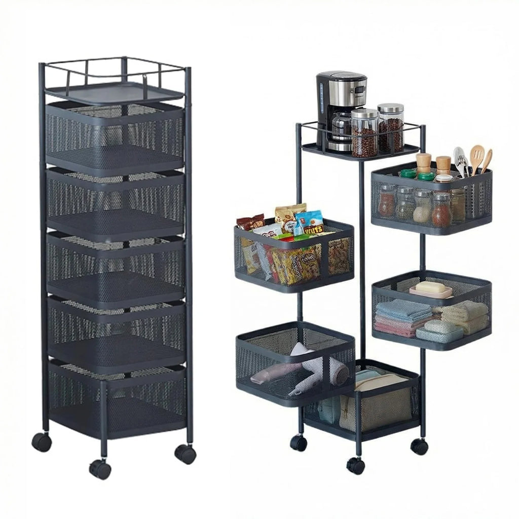 5-Tier Rolling Storage Cart with Rotating Baskets, Fruit & Vegetable Baskets Rotating Snack Rack for Kitchen Bathroom Craft Room