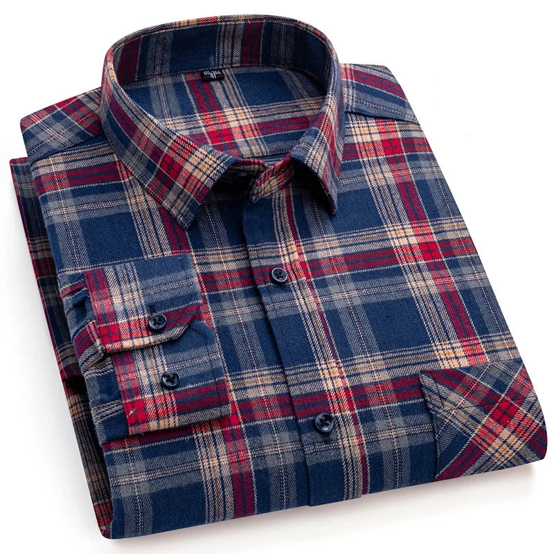 Men's Winter Chic Long Sleeve Shirt Cotton Flannel Plaid Button-Up Comfortable Warm Top for Business Casual Dress Shirts New