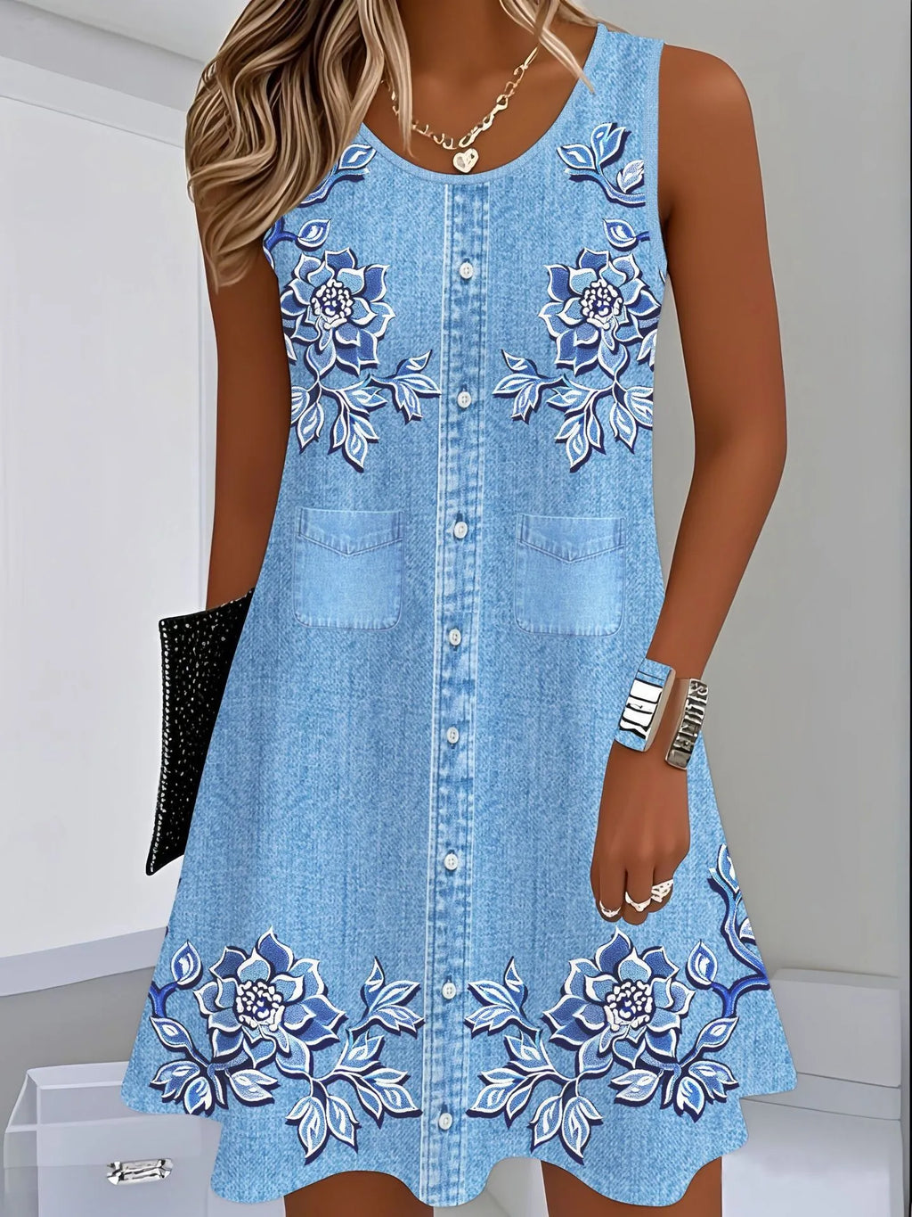 Women's Casual Summer Sleeveless Loose Fit Round Neck Pull On 3D Print Mid Length Dress for Women Beach Hiking Camping Outfits