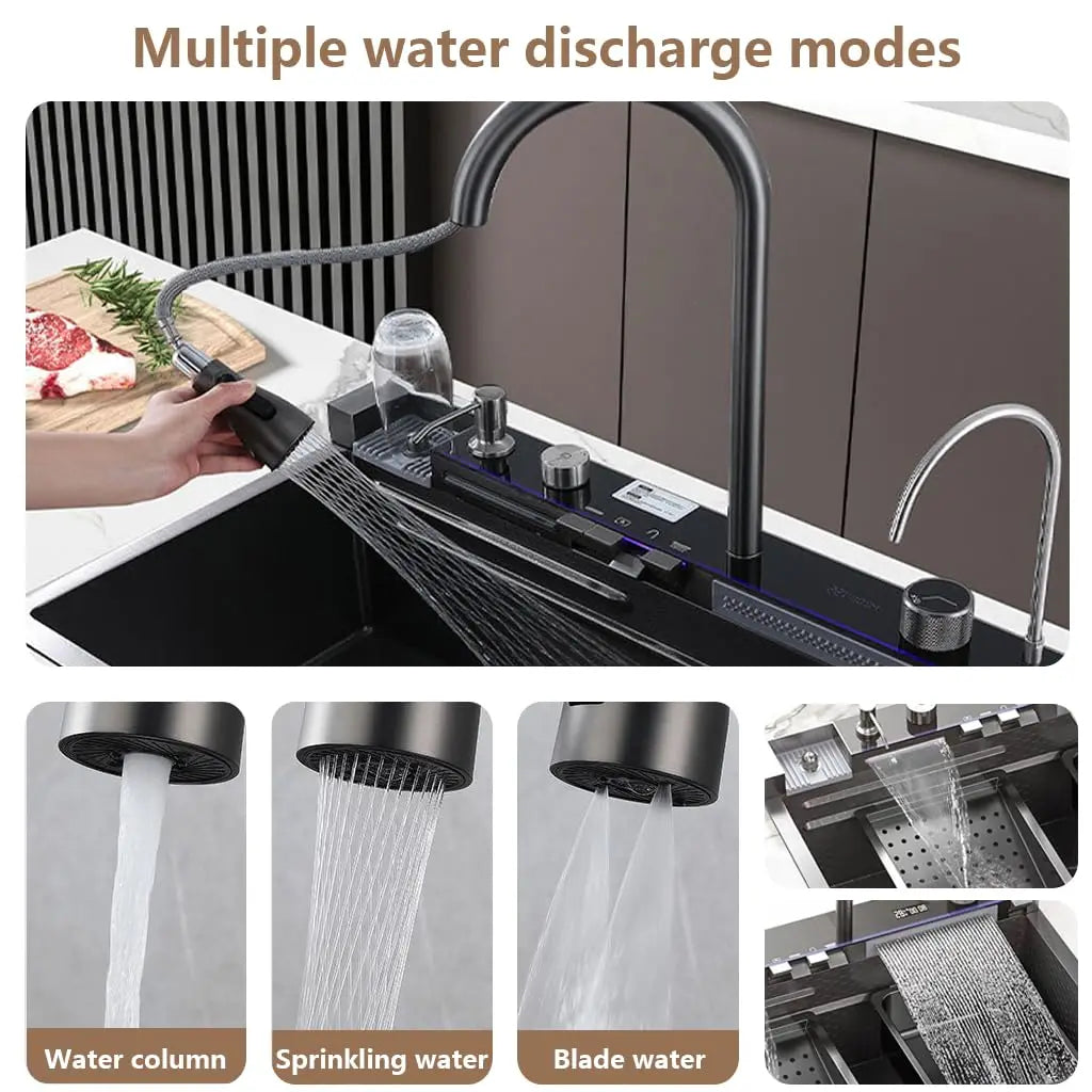China Factory Kitchenroom Sink Multifunction  Smart Waterfall Stainless Steel Sink Kitchen Kitchen Sinks with 4function