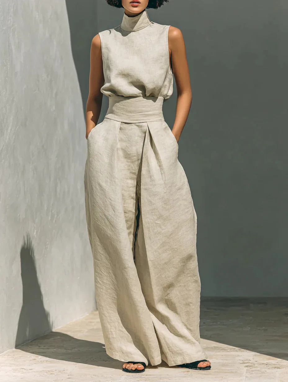 New Women's Solid Color 2 Piece Sets Sleeveless High Neck Tops+High Waist Wide Leg Pants Casual Minimalist Female Summer Outfits
