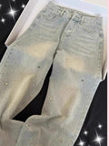 Four Seasons New Fashion Women's Light Blue Wide Leg High Waist Loose Casual Trendy Jeans Female Diamond Studded Denim Trousers