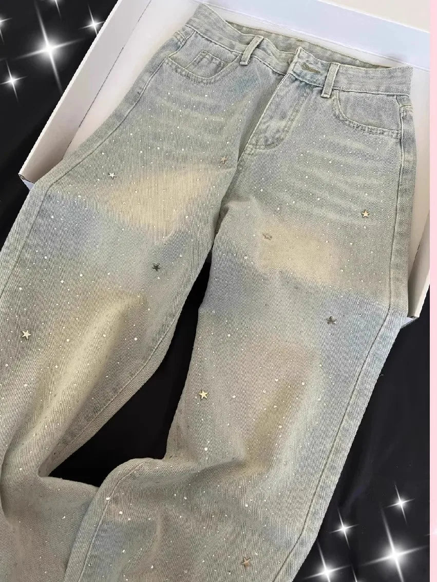 Four Seasons New Fashion Women's Light Blue Wide Leg High Waist Loose Casual Trendy Jeans Female Diamond Studded Denim Trousers