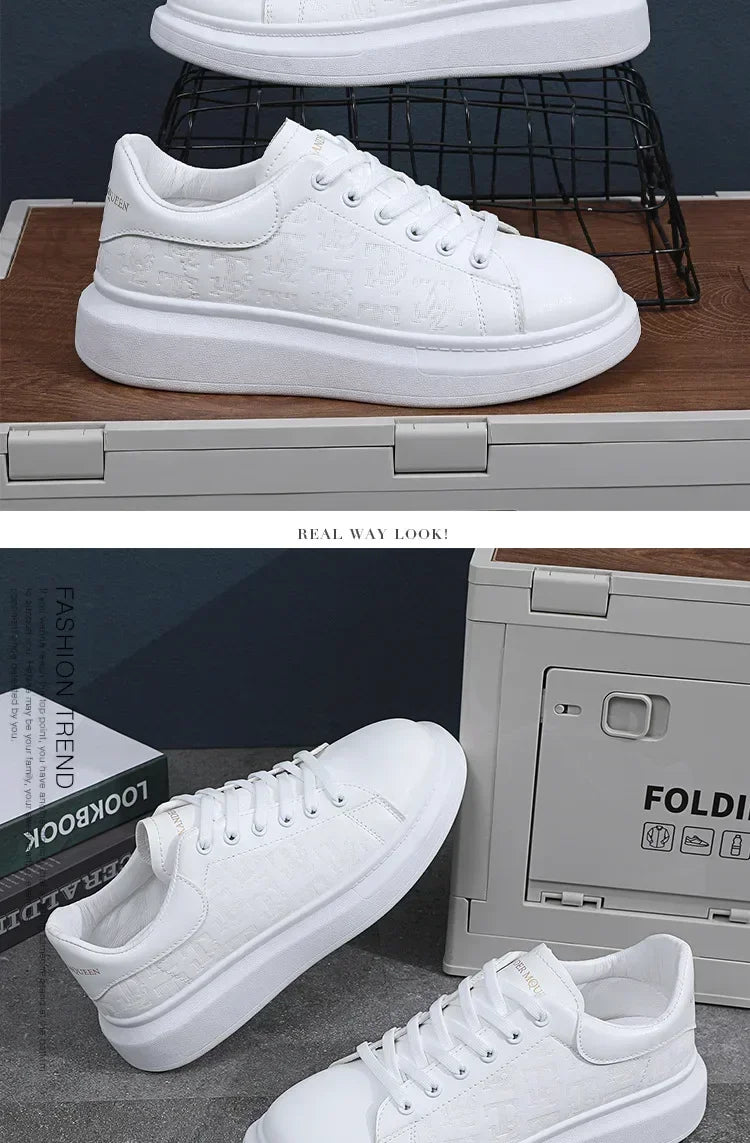 2026 Men's Casual Shoes Spring and Autumn Flat-soled Casual Leather Shoes Sports Shoes Black and White Men's Thick-soled Shoes