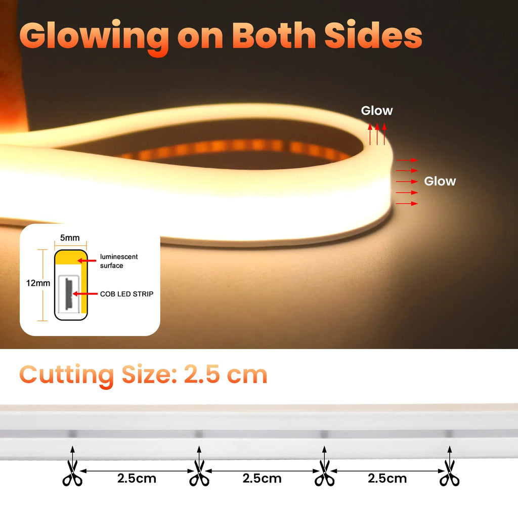24V Solar COB LED Strip Neon Outdoor Waterproof Garden Lighting White Natural Warm 320LEDs/M Flexible Silicone Tape 0.5m-10m