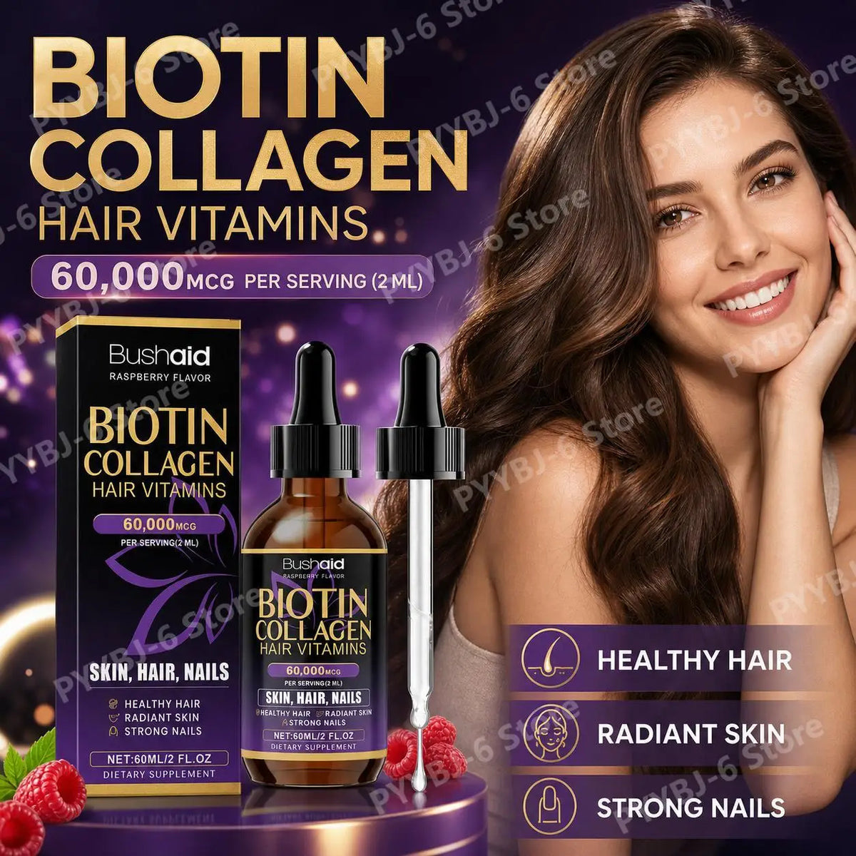BushAid Biotin Collagen Hair Vitamins Liquid Drops Supports Strong Hair Structure and Helps Maintain Nail Toughness 60ml