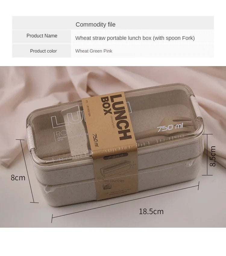 Wheat Straw Lunch Box ，Stackable Bento Box Microwave Dinnerware Food Storage Container with Spoon Fork For Student Work，2 Layer