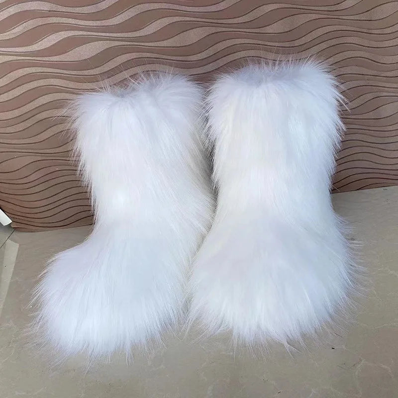Women's Winter Snow Boots Outdoor Luxury Furry Faux Fox Fur Boots Woman Plush Warm Platform Shoes New Fashion Bottes Big Size 46