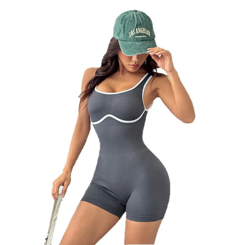 Seamless Ribbed Yoga Set for Running Dancing Fitness Color Blocked Jumpsuit