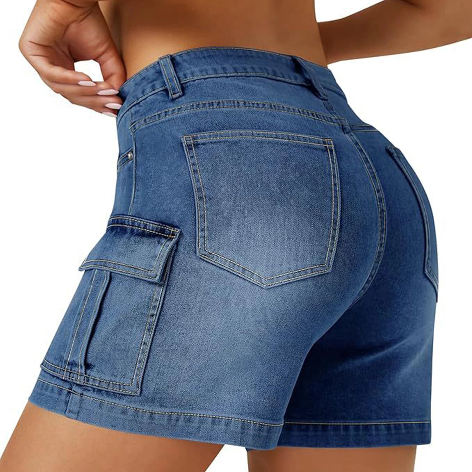 Solid Color Women's Denim Shorts Summer Wear High Waist Slim Cargo Jeans Bottoms Daily Use Soft Comfy Stretch Ladies Casual Pant