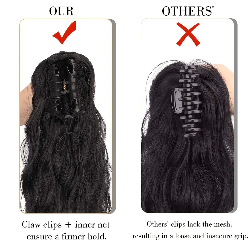 Black White Ombre Claw Clip Ponytail Hair Extensions Wavy Synthetic High Ponytail Hairpiece For Women
