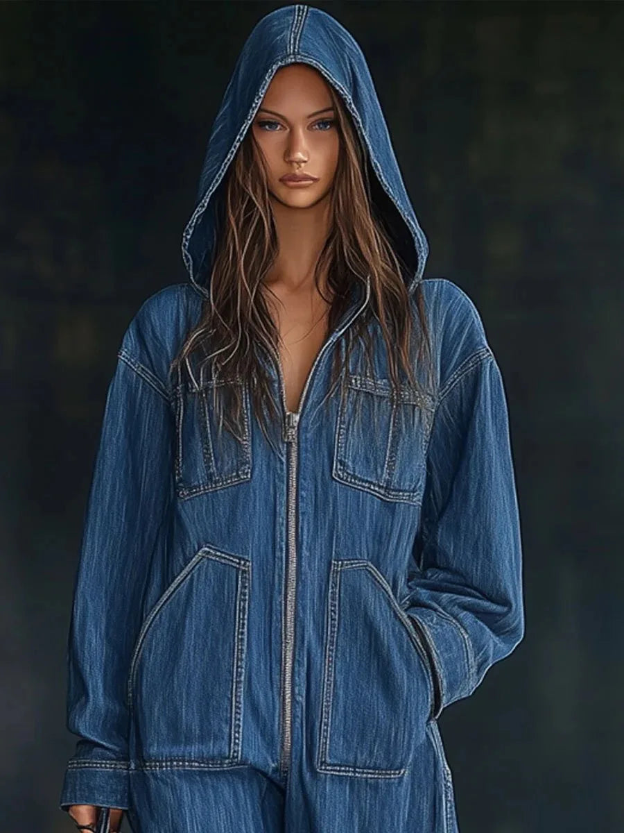 Women Denim Jumpsuits For Autumn Winter Long Sleeve Bandage Loose Fashion Streetwear Overalls Wide Leg Pants Jeans 2025