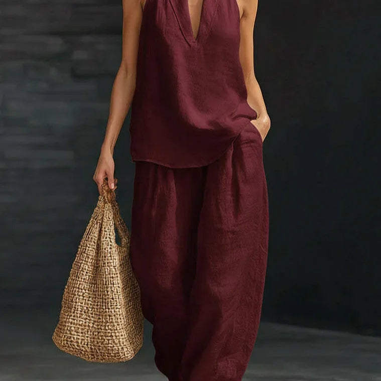 Loose Two-piece Halter Neck V-neck Sleeveless Top Trousers 2026 Summer Women's Fashion Solid Color Casual Womens Matching Sets