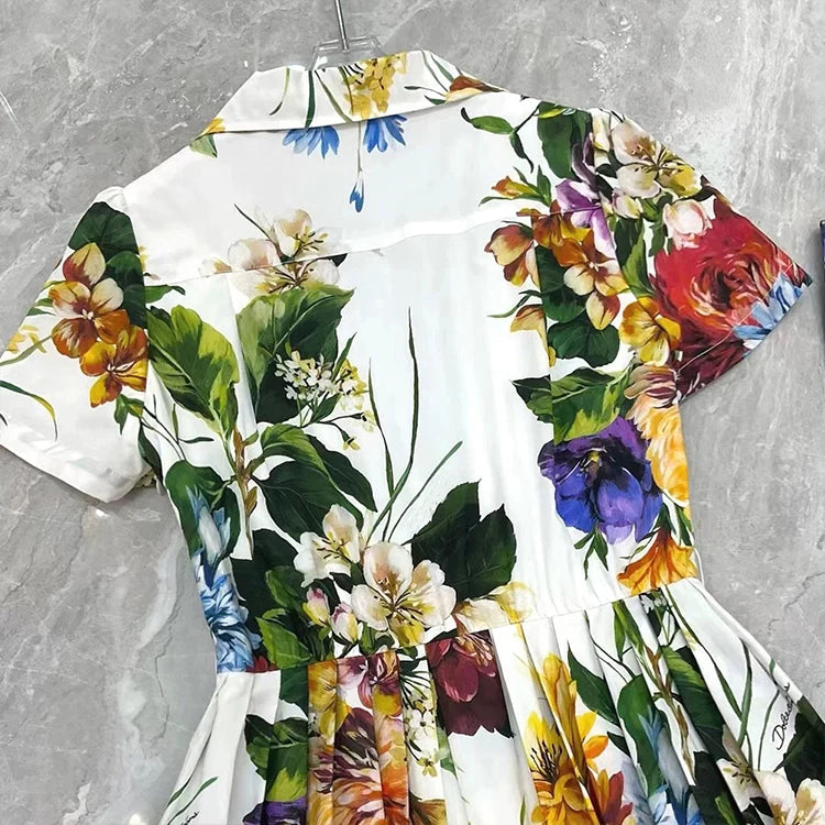 Summer Runway Holiday Flower Shirt Dress Women's Notched V-Neck Short Sleeve Single Breasted A-Line Pleated Midi Vestidos