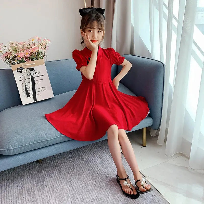 2026 Kids Girls Solid Chinese Red Cheongsam Qipao Princess Teenager New Year Dresses Clothing 4 7 8 9 10 12 14 Years