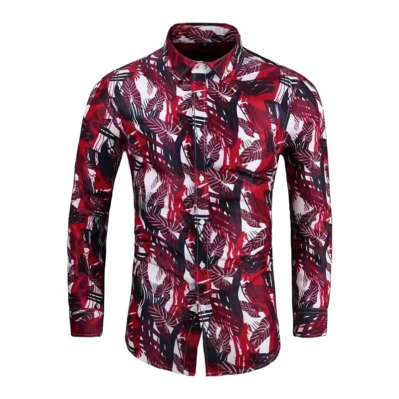 Spring and Autumn Men's Casual Outdoor Luxury Suit Lapel Shirt Long Sleeve Soft Comfortable Material Floral Rose Red HD Pattern