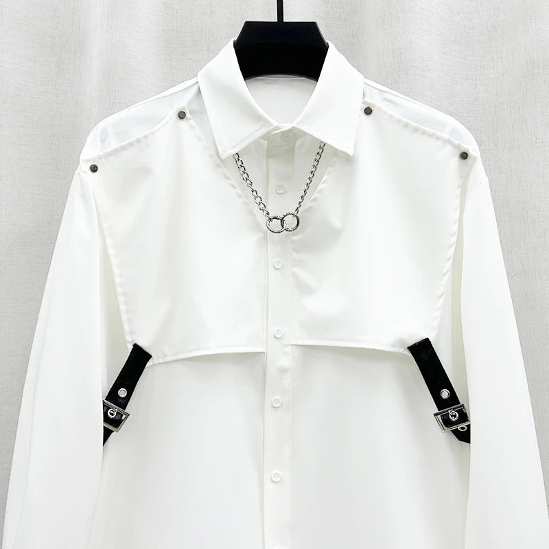 2024 Spring New Trendy Male Loose Handsome Shirts Men's Long Sleeve Solid Color Single Row Multi-Buckle Shirt Trendy Male Shirts